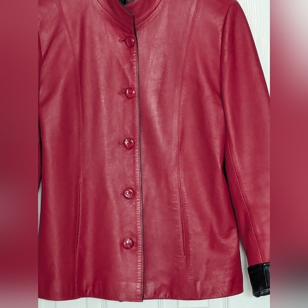 A Pop of Color! Venus Women's Red Button-Down Leather Jacket - Picture 3 of 15